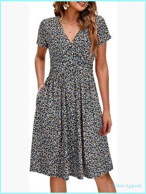 Maternity Nursing Dress Short Sleeve V Neck Pockets Pregnancy Postpartum